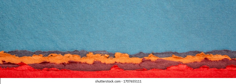 blue and red abstract landscape - a collection of colorful handmade Indian papers produced from recycled cotton fabric, long web banner