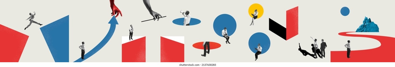 Blue and red. Contemporary art collage made of shots of young men and women, managers working hardly isolated over white background, Concept of business, finance, career, co-workers, teambuilding