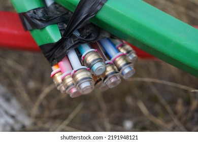 Blue, Red, Green And Orange Colored Fiber Optic Cables Laid In The Ground, Underground Cables For Faster Internet In Rural Regions, Garbsen Berenbostel, Lower Saxony, Germany.