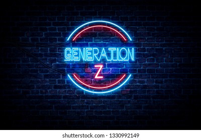A blue and red neon sign on a brick wall that reads: GENERATION Z . - Shutterstock ID 1330992149