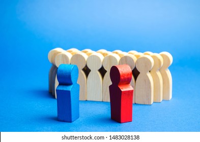 Blue and red people stand in front of a crowd. Conflict of interest concept. Two opponents. Dispute. Search for compromises. Social problems. Business competition. Political Debate - Shutterstock ID 1483028138