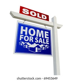 Blue And Red Sold Home For Sale Real Estate Sign Isolated On A White Background.