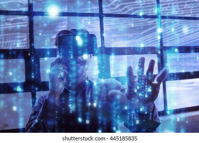 Blue and red technology interface against businessman using virtual reality device