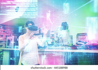 Blue and red technology interface against female graphic designer using the virtual reality headset