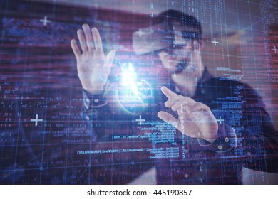 Blue and red technology interface against man wearing virtual glass