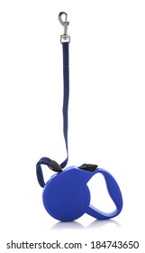 Blue Retractable Leash For Dog Isolated On White Background 