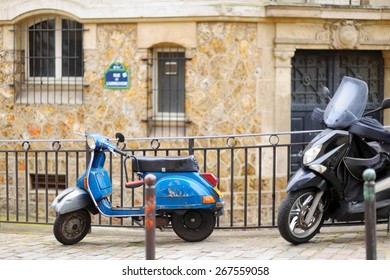 Blue Retro Scooter Parked On Paris Street