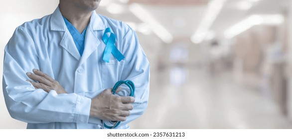 Blue ribbon for prostate cancer awareness, men's health care,  guillain-barre syndrome GBS, Addison's disease concept with symbolic bow on doctor lab coat - Powered by Shutterstock