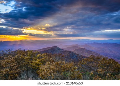 Blue Ridge Mountains In North Georgia, USA In The Autumn Season At Sunset.