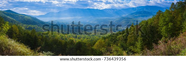 Blue Ridge Mountains Smoky Mountain National Park\
wide horizon landscape background layered hills and valleys large\
format pano