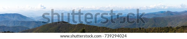 Blue Ridge Mountains Smoky Mountain National\
Park wide horizon landscape background layered hills and valleys\
large format pano\
panoramic