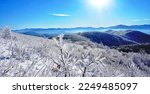 Blue Ridge Mountains in Snow.
Spectacular view at Max Patch, North Carolina and Tennessee. Asheville. Great Smoky Mountains. Appalachian trails.