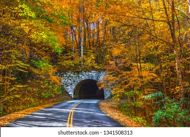 Blue Ridge Parkway Tunnel Near Asheville North Carolina During Fall Autumn