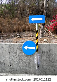 Blue Road Sign With White Arrows Pointing In The Same Direction. Uncertainty, Traffic Rules, Business Concepts     