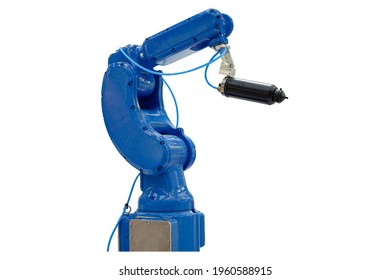 Blue Robotic Installed Blow Spray Arms For Workshop Paint And Brush Metalwork On Industrial Smart Factory, Industry 4.0, Isolated On White Background