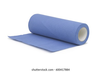 Blue Roll Of Paper Kitchen Towel Isolated On The White Background.