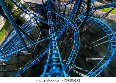 blue rollercoaster front row POV drop