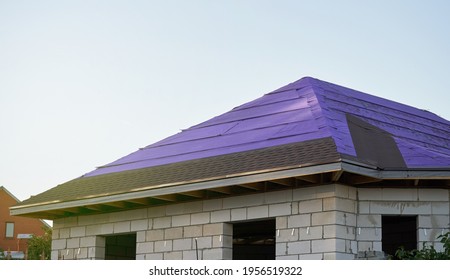 Blue Roof Waterproofing For Flexible Roof Tiles Of A Private House