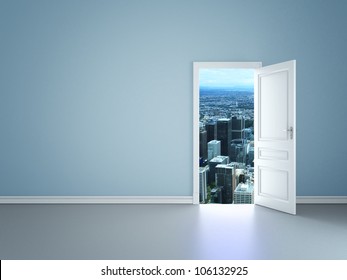 Blue Room With An Open Door To City