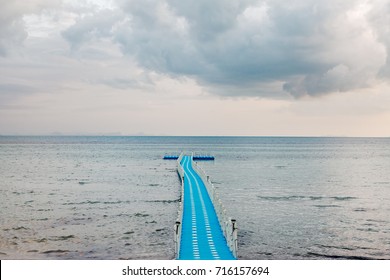  Blue Rotomolding Or Plastic  Jetty Under Big Cloudy Sky In Rainy Season , Ko Samui , Thailand
