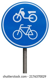 Blue round traffic sign on a round post with bicycle and moped pictogram to indicate that this is a path for cyclists and moped riders only in the Netherlands. Isolated on white
