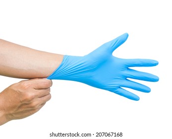 Blue Rubber Glove On A Man Hand Isolated On White 