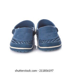 Blue Rubber Kid's Clogs For Water Isolated On A White Background