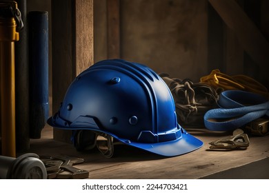 A blue safety helmet or hardhat, construction worker PPE, is placed on wooden work bench in the factory work place. Safety PPE object. - Powered by Shutterstock