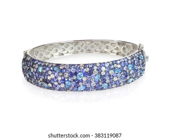 Blue Sapphire Diamond Bangle Bracelet Isolated On White