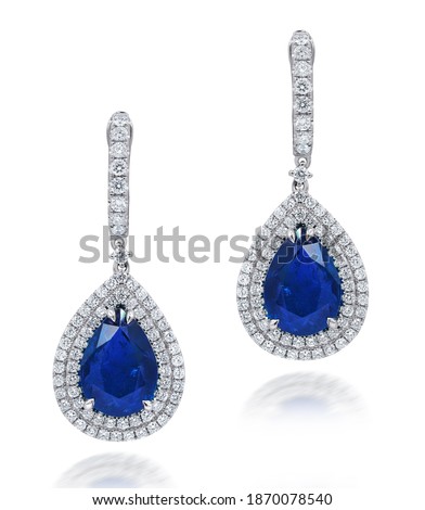 Blue Sapphire Drop Earrings with Double Halo by White Diamonds