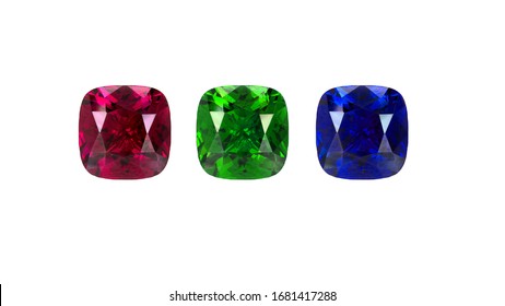 Blue Sapphire ,green emerald,red ruby Square Cushion Cut Jewelry gems Stones set on white isolate