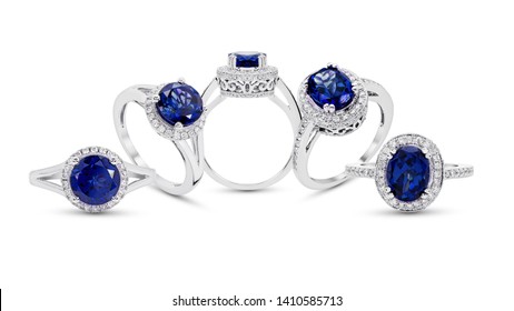 Blue Sapphire Ring With  Diamond Jewelry Group On White Background Isolate