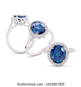 Blue Sapphire Ring With Diamond Jewelry Group On White Background Isolate
