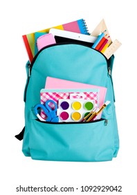 Blue School Bag With School Supplies Isolated On White Background