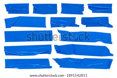 Blue scotch tape, large set of adhesive packaging tape, crumpled torn stripes on white background