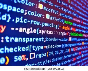Blue screen of death on the monitor. Encrypted data. Software development monitor screen background. Closeup photo. Online data security concept. Monitor technology concept. Remote work search.