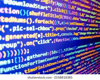 Blue screen of death on the monitor. Blue software developer. Web programming with compressed css code. Stock market graph and ticker with blue screen for stock exchange analysis. Digital world.