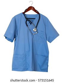 Blue scrubs shirt for medical professional hanging isolated