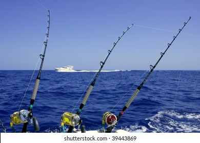 Blue Sea And Sky In A Big Game Tuna Fishing Day Rods And Reels On Boat.