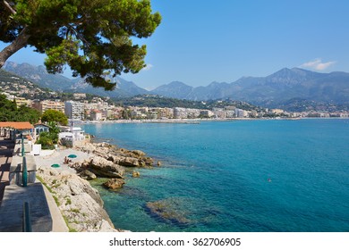 Blue Sea And Sky Of The French Riviera Coast  With Maritime Pine In Summer, Cap Martin