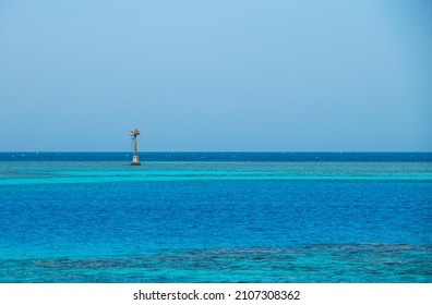 Blue Sea Water Horizon Line. Seawater Background. Blue Sea With Little Waves Texture. Seawater Surface Texture