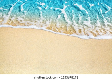 Blue sea wave, white foam, golden sand beach, turquoise ocean water close up, summer holidays border frame concept, tropical island vacation backdrop, tourist travel banner design template, copy space