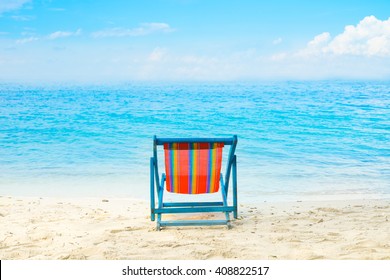 Blue Sea And White Sand Beach With Beach Chairs Summer Beach No People, Samed Island, Thailand - Summer Holiday And Vacation Concepts