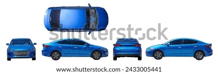 Blue sedan car different view isolated on white studio background