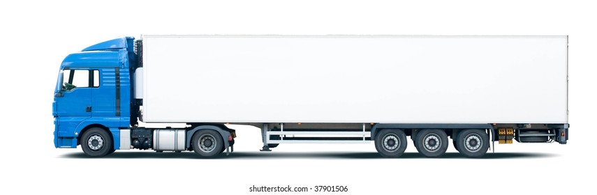 Blue semi truck pulling trailer, isolated on white.