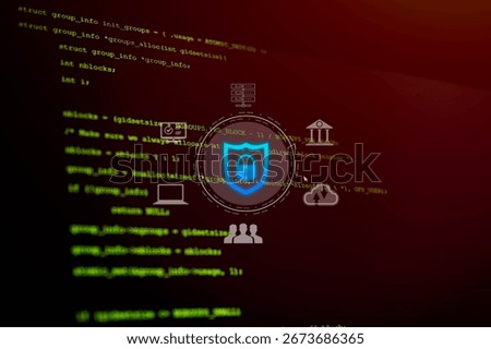 Blue shield lock icon representing cybersecurity over C programming code on red screen. Great for secure software, data encryption, privacy protection, and secure coding concepts.