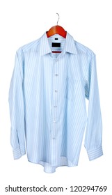 Blue Shirt On Wooden Hanger Isolated On White