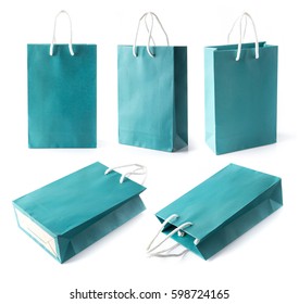 Blue Shopping Paper Bag Isolated On White