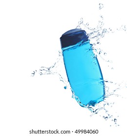 Blue shower gel in water stream with splashes
