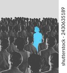 Blue silhouette pf person standing in monochrome crowd of different people. Conceptual design. Individualism in modern society. Concept of psychology, loneliness in society, difference